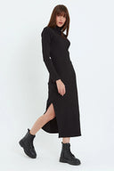 Kaşkorse Balıkçı Yaka Yırtmaçlı Örme Uzun Elbise - Siyah