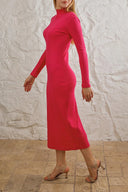 Kaşkorse Balıkçı Yaka Yırtmaçlı Örme Uzun Elbise - Fuşya