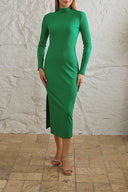Kaşkorse Balıkçı Yaka Yırtmaçlı Örme Uzun Elbise - Yeşil