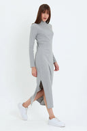 Kaşkorse Balıkçı Yaka Yırtmaçlı Örme Uzun Elbise - Gri