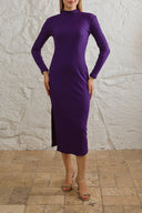 Kaşkorse Balıkçı Yaka Yırtmaçlı Örme Uzun Elbise - Mor