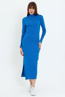Kaşkorse Balıkçı Yaka Yırtmaçlı Örme Uzun Elbise - Saks Mavi