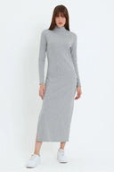 Kaşkorse Balıkçı Yaka Yırtmaçlı Örme Uzun Elbise - Gri