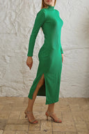 Kaşkorse Balıkçı Yaka Yırtmaçlı Örme Uzun Elbise - Yeşil