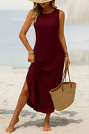 Kadın Eteği Oval Yırtmaçlı Sıfır Kol Viskon Midi Boy Elbise - Bordo