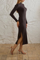 Kaşkorse Balıkçı Yaka Yırtmaçlı Örme Uzun Elbise - Antrasit