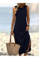 Kadın Eteği Oval Yırtmaçlı Sıfır Kol Viskon Midi Boy Elbise - Lacivert