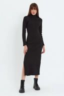 Kaşkorse Balıkçı Yaka Yırtmaçlı Örme Uzun Elbise - Siyah