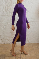 Kaşkorse Balıkçı Yaka Yırtmaçlı Örme Uzun Elbise - Mor