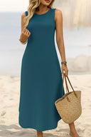 Kadın Eteği Oval Yırtmaçlı Sıfır Kol Viskon Midi Boy Elbise - Petrol