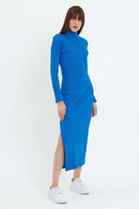 Kaşkorse Balıkçı Yaka Yırtmaçlı Örme Uzun Elbise - Saks Mavi