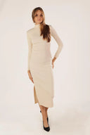 Kaşkorse Balıkçı Yaka Yırtmaçlı Örme Uzun Elbise - Ekru