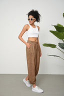 Kadın Cupra Kumaş Cepli Dökümlü Şalvar Pantolon - Kahverengi