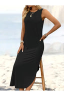 Kadın Eteği Oval Yırtmaçlı Sıfır Kol Viskon Midi Boy Elbise - Siyah