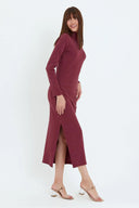 Kaşkorse Balıkçı Yaka Yırtmaçlı Örme Uzun Elbise - Bordo