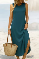 Kadın Eteği Oval Yırtmaçlı Sıfır Kol Viskon Midi Boy Elbise - Petrol