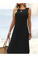 Kadın Eteği Oval Yırtmaçlı Sıfır Kol Viskon Midi Boy Elbise - Siyah