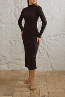 Kaşkorse Balıkçı Yaka Yırtmaçlı Örme Uzun Elbise - Antrasit