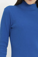 Kaşkorse Balıkçı Yaka Yırtmaçlı Örme Uzun Elbise - Saks Mavi