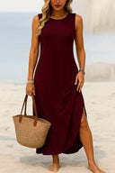 Kadın Eteği Oval Yırtmaçlı Sıfır Kol Viskon Midi Boy Elbise - Bordo