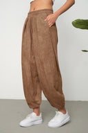 Kadın Cupra Kumaş Cepli Dökümlü Şalvar Pantolon - Kahverengi