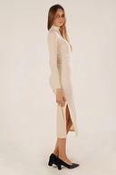 Kaşkorse Balıkçı Yaka Yırtmaçlı Örme Uzun Elbise - Ekru