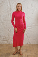 Kaşkorse Balıkçı Yaka Yırtmaçlı Örme Uzun Elbise - Fuşya