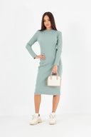 Kadın Dik Yaka Bodycon Uzun Kollu Örme Kaşkorse Mini Boy Elbise - Mint