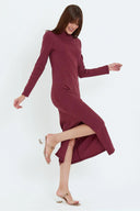 Kaşkorse Balıkçı Yaka Yırtmaçlı Örme Uzun Elbise - Bordo