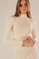 Kaşkorse Balıkçı Yaka Yırtmaçlı Örme Uzun Elbise - Ekru