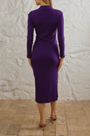 Kaşkorse Balıkçı Yaka Yırtmaçlı Örme Uzun Elbise - Mor