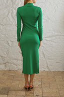 Kaşkorse Balıkçı Yaka Yırtmaçlı Örme Uzun Elbise - Yeşil