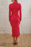 Kaşkorse Balıkçı Yaka Yırtmaçlı Örme Uzun Elbise - Fuşya