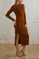 Kaşkorse Balıkçı Yaka Yırtmaçlı Örme Uzun Elbise - Kahverengi