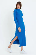 Kaşkorse Balıkçı Yaka Yırtmaçlı Örme Uzun Elbise - Saks Mavi