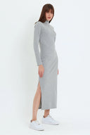 Kaşkorse Balıkçı Yaka Yırtmaçlı Örme Uzun Elbise - Gri