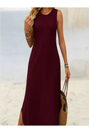 Kadın Eteği Oval Yırtmaçlı Sıfır Kol Viskon Midi Boy Elbise - Bordo