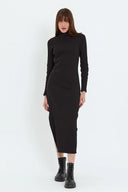 Kaşkorse Balıkçı Yaka Yırtmaçlı Örme Uzun Elbise - Siyah