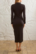 Kaşkorse Balıkçı Yaka Yırtmaçlı Örme Uzun Elbise - Antrasit