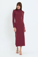 Kaşkorse Balıkçı Yaka Yırtmaçlı Örme Uzun Elbise - Bordo