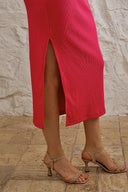 Kaşkorse Balıkçı Yaka Yırtmaçlı Örme Uzun Elbise - Fuşya