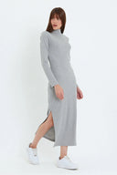 Kaşkorse Balıkçı Yaka Yırtmaçlı Örme Uzun Elbise - Gri