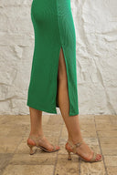 Kaşkorse Balıkçı Yaka Yırtmaçlı Örme Uzun Elbise - Yeşil