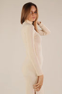 Kaşkorse Balıkçı Yaka Yırtmaçlı Örme Uzun Elbise - Ekru