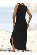 Kadın Eteği Oval Yırtmaçlı Sıfır Kol Viskon Midi Boy Elbise - Siyah