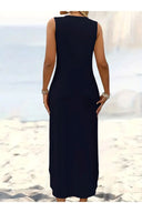 Kadın Eteği Oval Yırtmaçlı Sıfır Kol Viskon Midi Boy Elbise - Lacivert