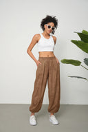Kadın Cupra Kumaş Cepli Dökümlü Şalvar Pantolon - Kahverengi