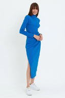 Kaşkorse Balıkçı Yaka Yırtmaçlı Örme Uzun Elbise - Saks Mavi