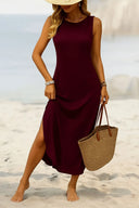 Kadın Eteği Oval Yırtmaçlı Sıfır Kol Viskon Midi Boy Elbise - Bordo