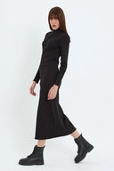 Kaşkorse Balıkçı Yaka Yırtmaçlı Örme Uzun Elbise - Siyah
